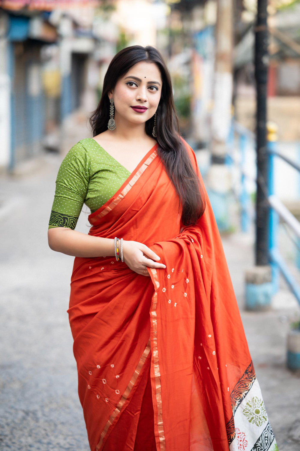 Sunrise Orange Soft Pure Chanderi Cotton Saree With Allover Hand Typed Bhandani Designs - PAHRAVA