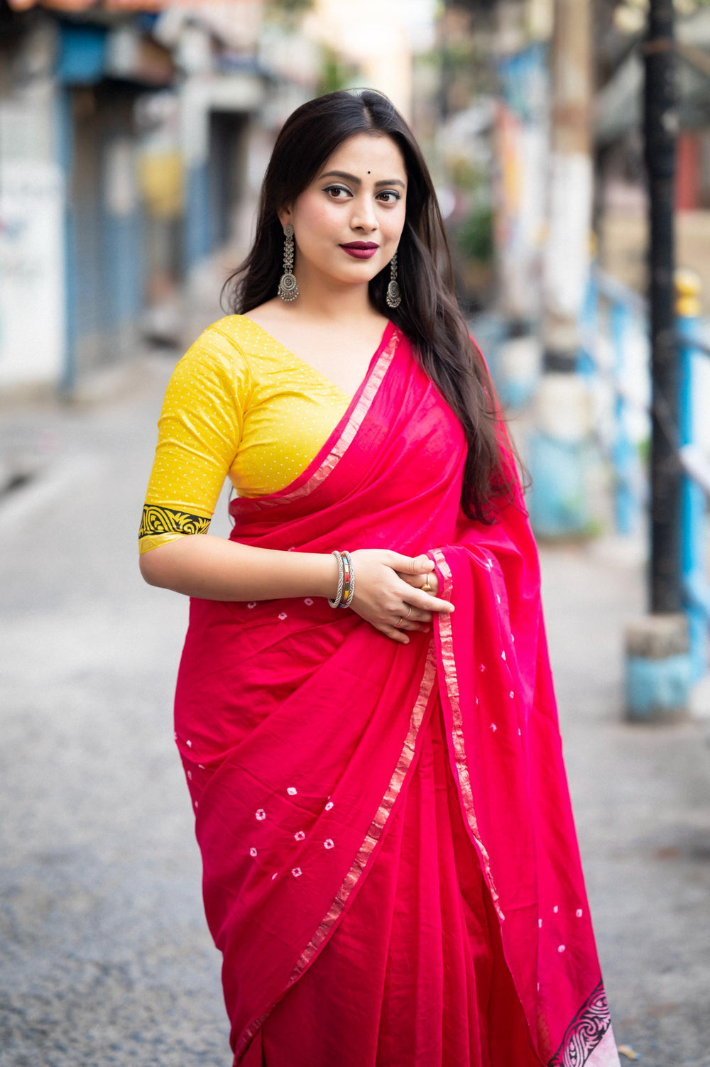 Deep Pink Soft Pure Chanderi Cotton Saree With Allover Hand Typed Bhandani Designs - PAHRAVA