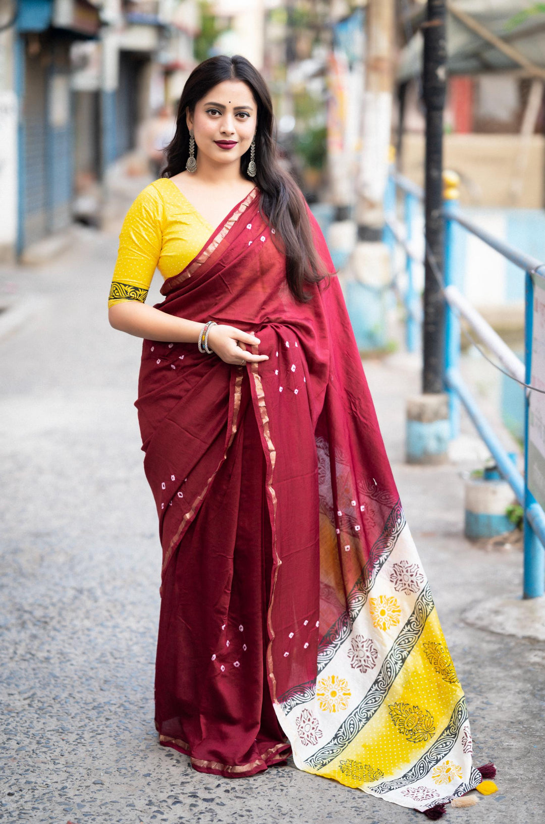 Dark Magenta Soft Pure Chanderi Cotton Saree With Allover Hand Typed Bhandani Designs - PAHRAVA