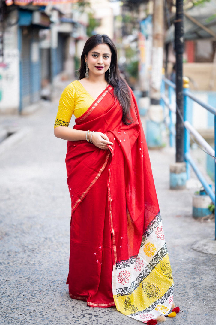 Crimson Red Soft Pure Chanderi Cotton Saree With Allover Hand Typed Bhandani Designs - PAHRAVA