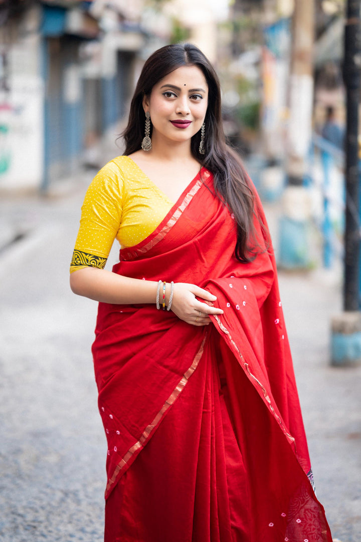 Crimson Red Soft Pure Chanderi Cotton Saree With Allover Hand Typed Bhandani Designs - PAHRAVA