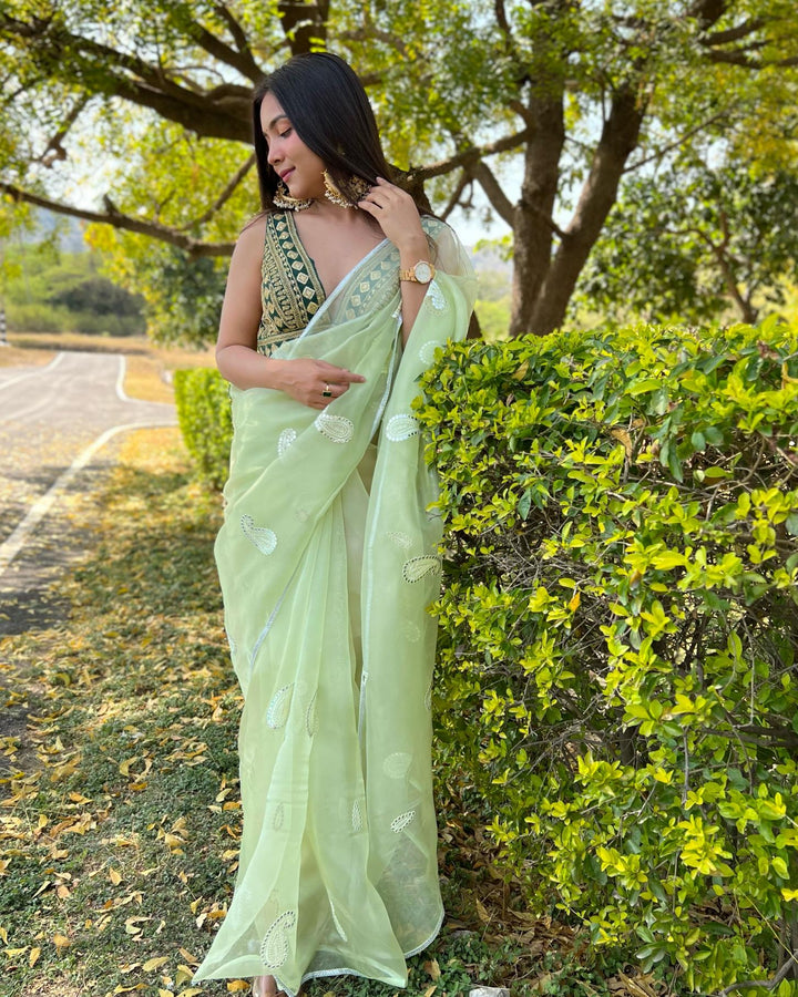 Light Olive Green Organza Silk With Gotta And Resam Thread Work Saree - PAHRAVA