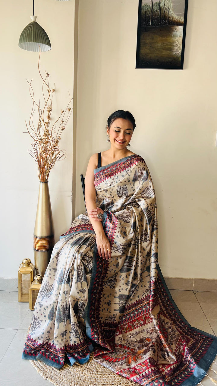 Off White With Grey Border Soft Silk Saree with Tribal and Kalamkari Prints - PAHRAVA