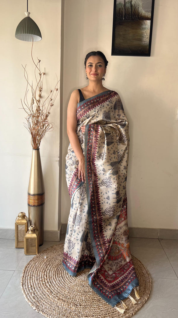 Off White With Grey Border Soft Silk Saree with Tribal and Kalamkari Prints - PAHRAVA