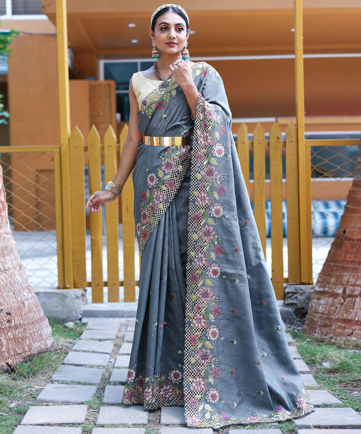 Silver Shine Grey silk saree - PAHRAVA