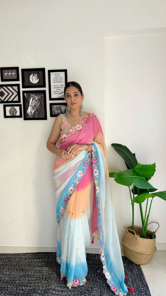 Flamingo Pink With White Multicolor Sequence Work And Embroidery Work With Arca Cutting Saree - PAHRAVA