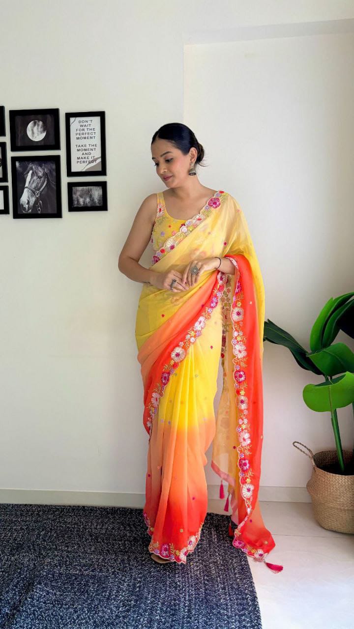 Yellow With Orange Multicolor Sequence Work And Embroidery Work With Arca Cutting Saree - PAHRAVA