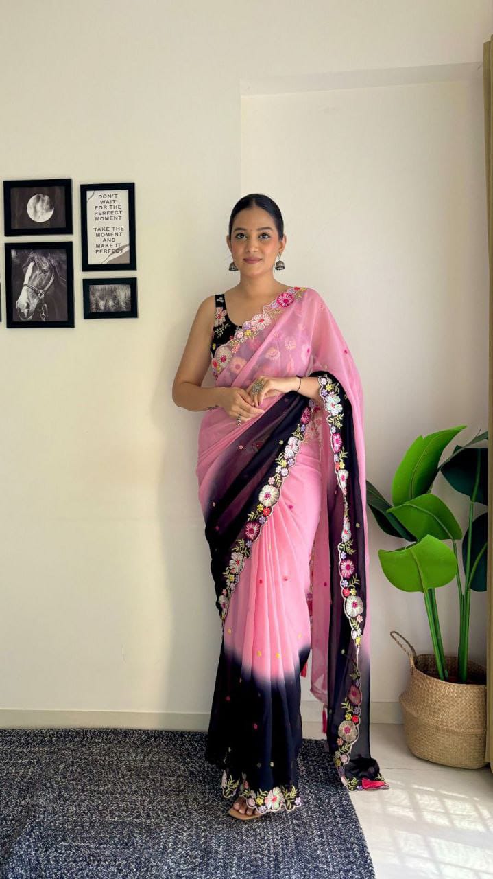 Flamingo Pink With Black Multicolor Sequence Work And Embroidery Work With Arca Cutting Saree - PAHRAVA