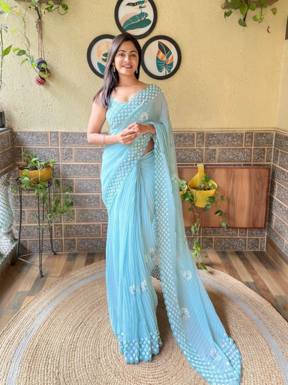 Sky Blue Sequence Work With Crush Pattern Saree - PAHRAVA