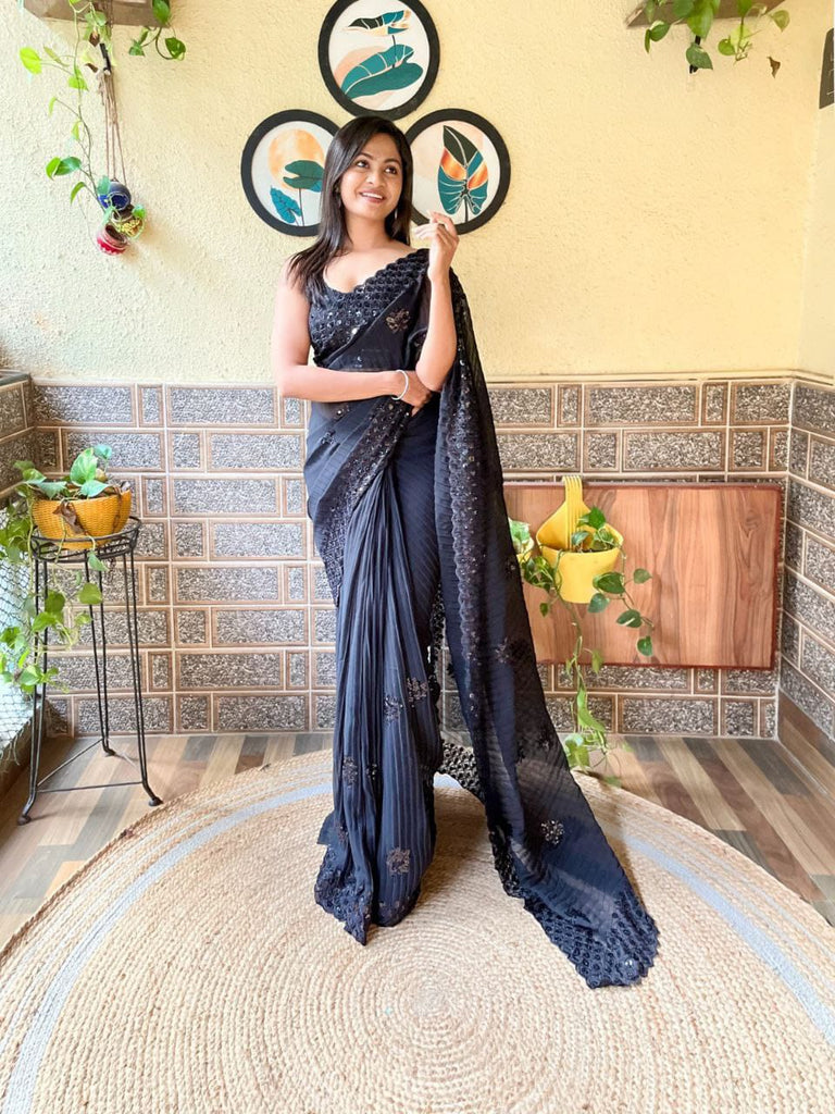 Jet Black Sequence Work With Crush Pattern Saree - PAHRAVA