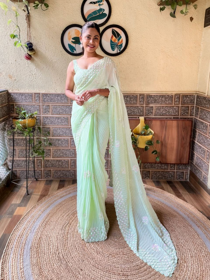 Light Olive Green Sequence Work With Crush Pattern Saree - PAHRAVA