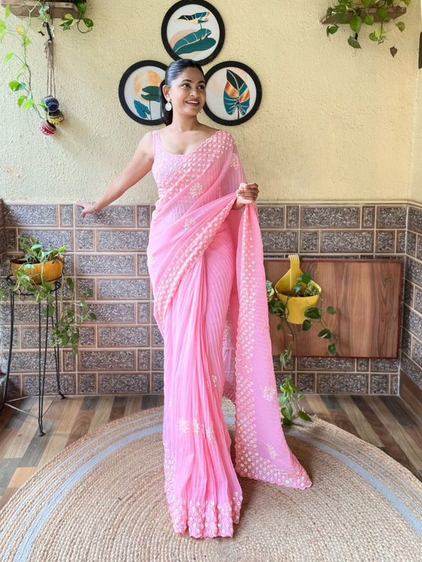 Flamingo Pink Sequence Work With Crush Pattern Saree - PAHRAVA