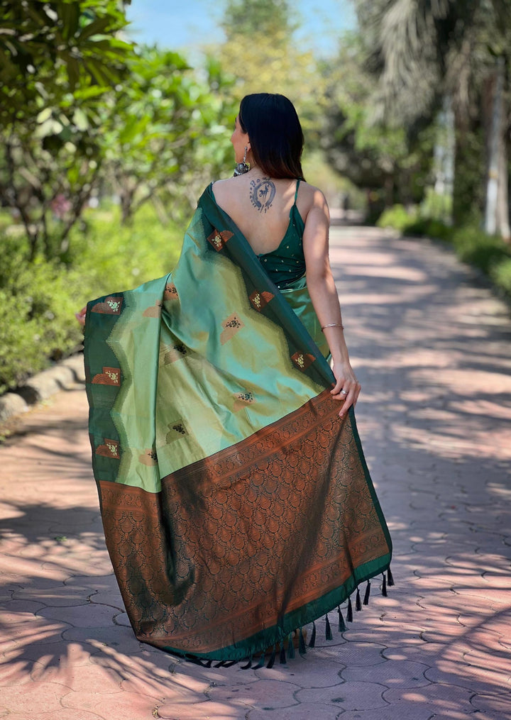 Summer Green pure Kanjivaram pattu full zari silk saree with a super rich grand Meena pallu - PAHRAVA