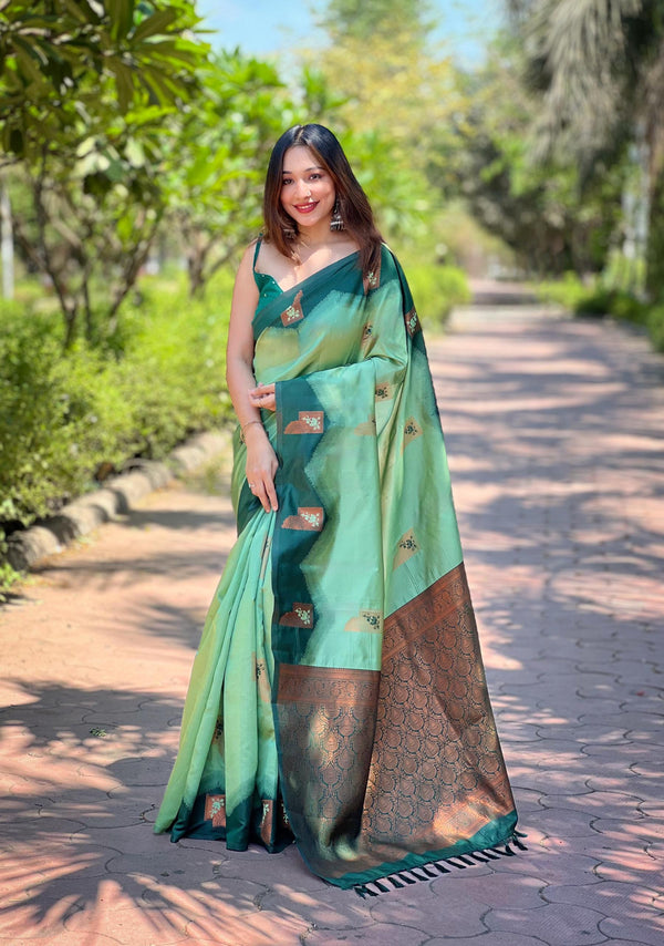 Summer Green pure Kanjivaram pattu full zari silk saree with a super rich grand Meena pallu - PAHRAVA