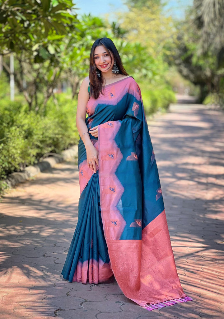 Persian Blue pure Kanjivaram pattu full zari silk saree with a super rich grand Meena pallu - PAHRAVA