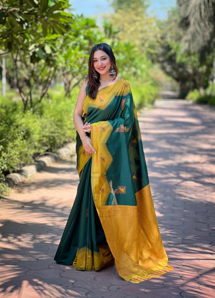 Dark Green pure Kanjivaram pattu full zari silk saree with a super rich grand Meena pallu - PAHRAVA