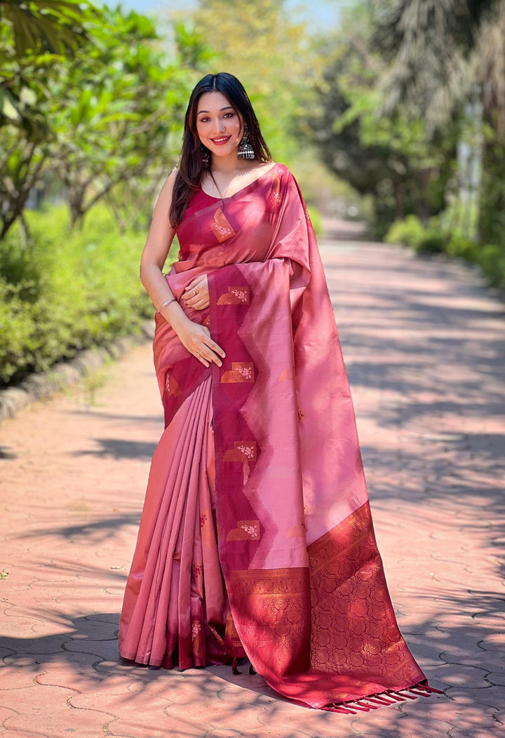 Rose Pink pure Kanjivaram pattu full zari silk saree with a super rich grand Meena pallu - PAHRAVA