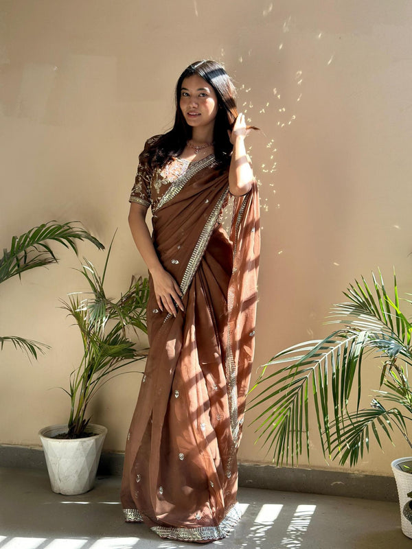 Chocolate Brown Pure Soft Organza (Tabby Silk) Saree With Heavy Embroidery Zari And 3mm Sequence Work With Ton To Ton Arca Border. - PAHRAVA