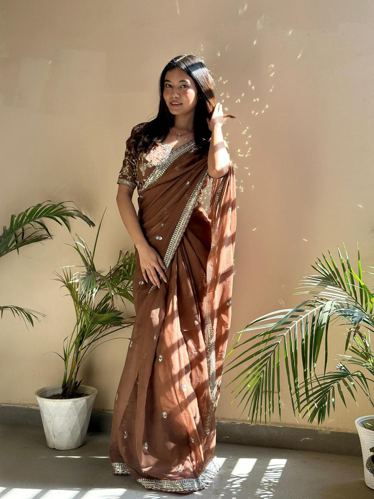 Chocolate Brown Pure Soft Organza (Tabby Silk) Saree With Heavy Embroidery Zari And 3mm Sequence Work With Ton To Ton Arca Border. - PAHRAVA