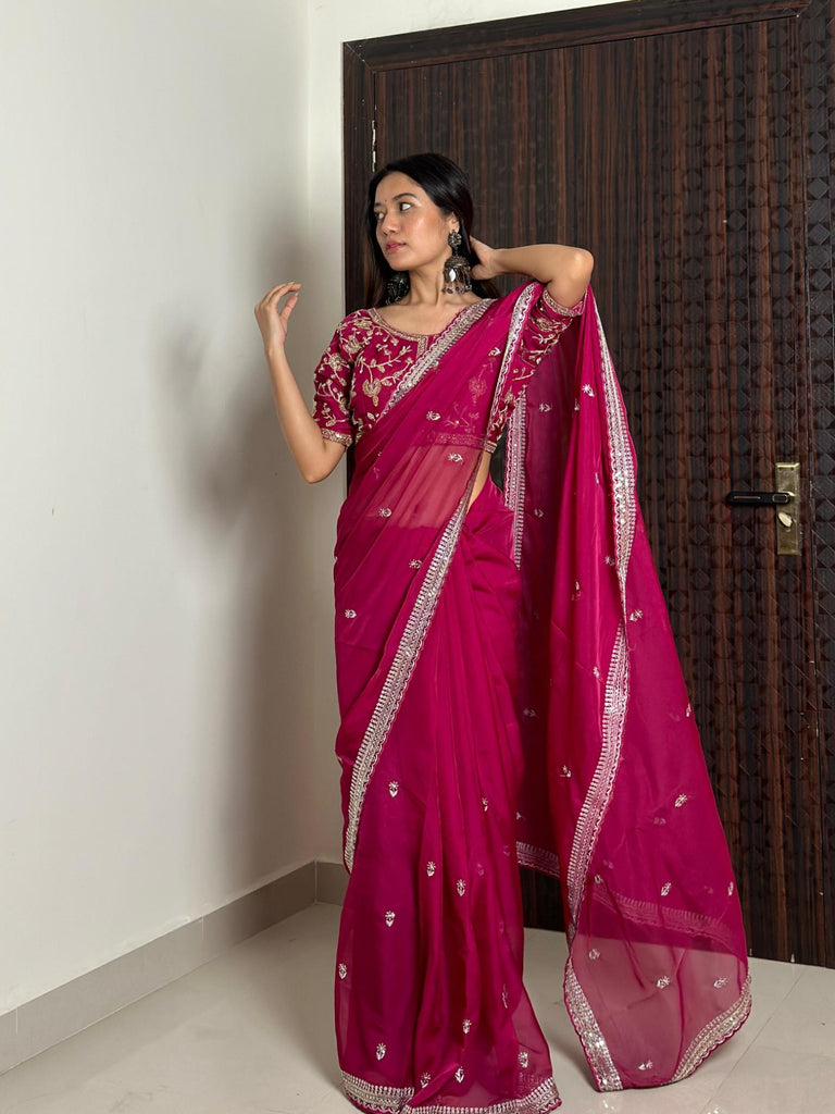 Magenta Purple Pure Soft Organza (Tabby Silk) Saree With Heavy Embroidery Zari And 3mm Sequence Work With Ton To Ton Arca Border. - PAHRAVA