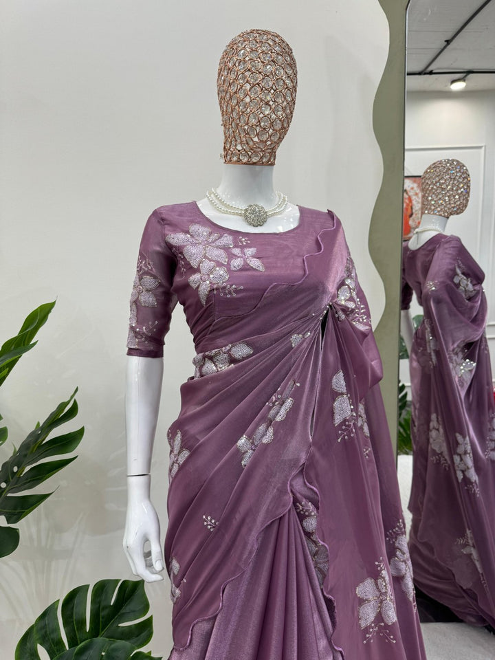 Dull Purple Designer Saree on Jimmy chu Febric with Thred & Sequnce work. - PAHRAVA