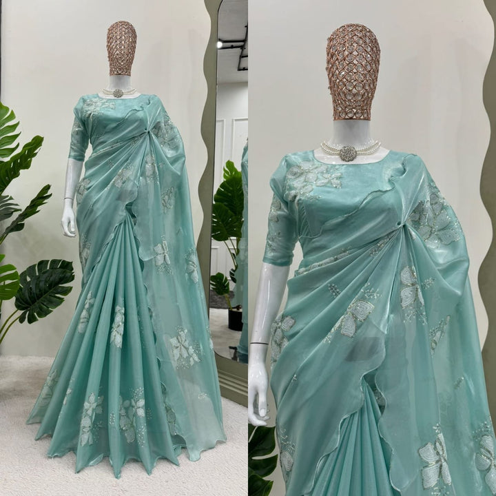 Sea Blue Designer Saree on Jimmy chu Febric with Thred & Sequnce work. - PAHRAVA