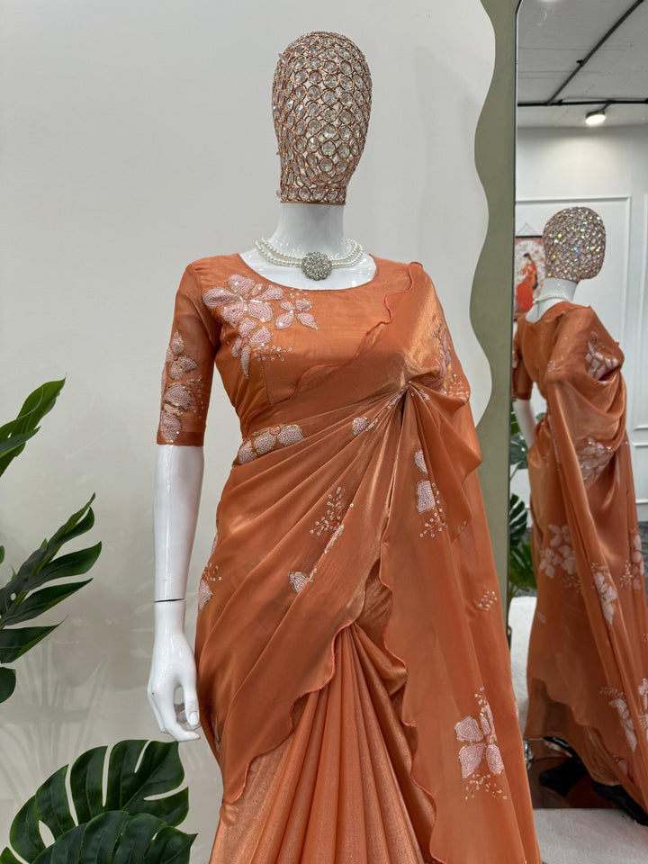 Ruddy Brown Designer Saree on Jimmy chu Febric with Thred & Sequnce work. - PAHRAVA