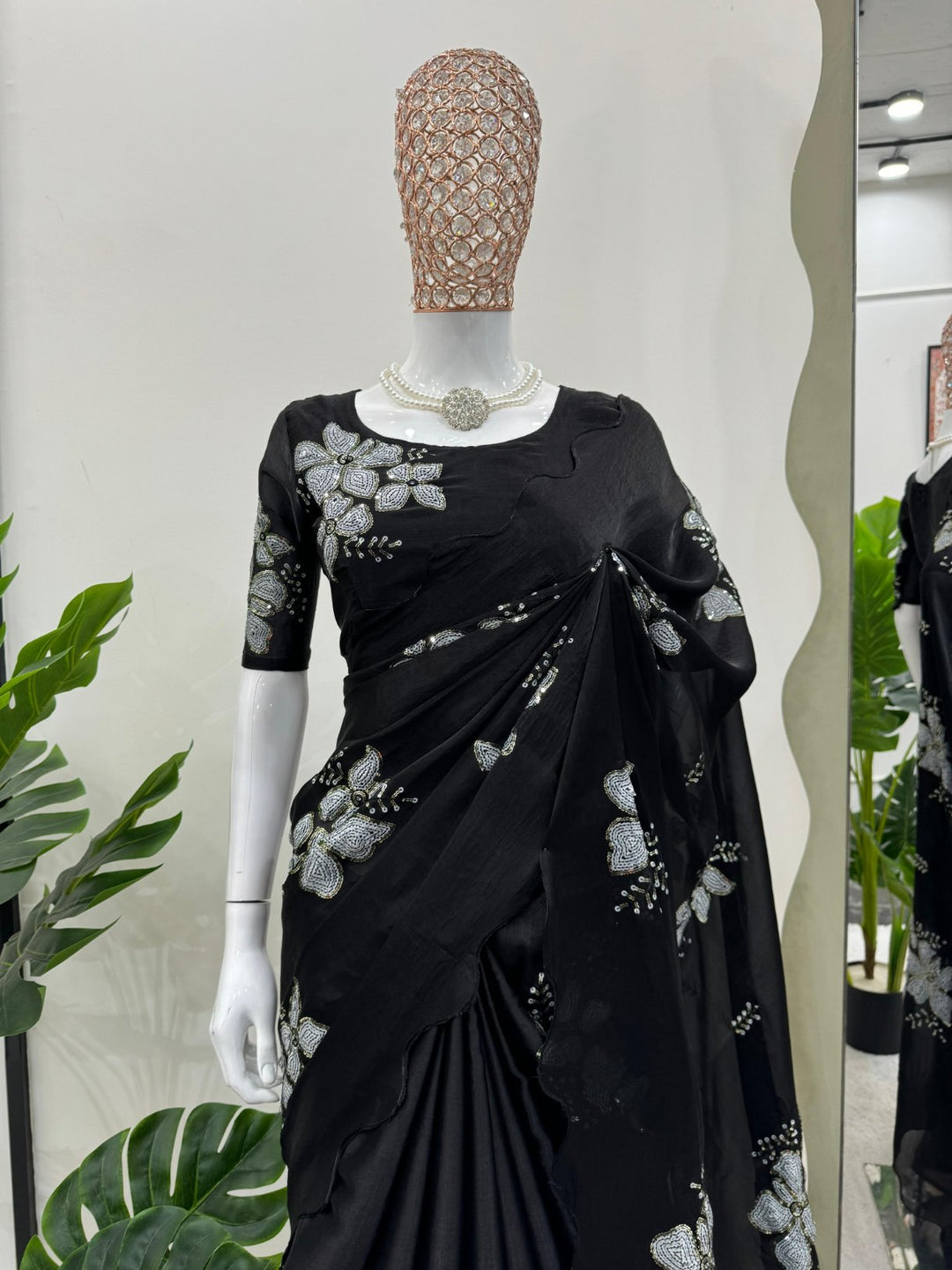 Jet Black Designer Saree on Jimmy chu Febric with Thred & Sequnce work. - PAHRAVA