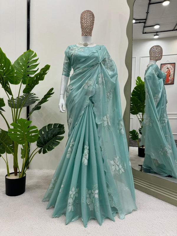 Sea Blue Designer Saree on Jimmy chu Febric with Thred & Sequnce work. - PAHRAVA