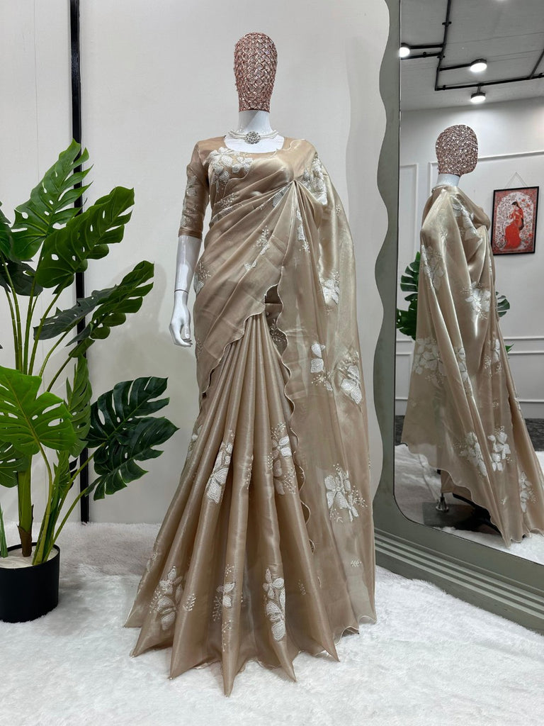 Light Brown Designer Saree on Jimmy chu Febric with Thred & Sequnce work. - PAHRAVA