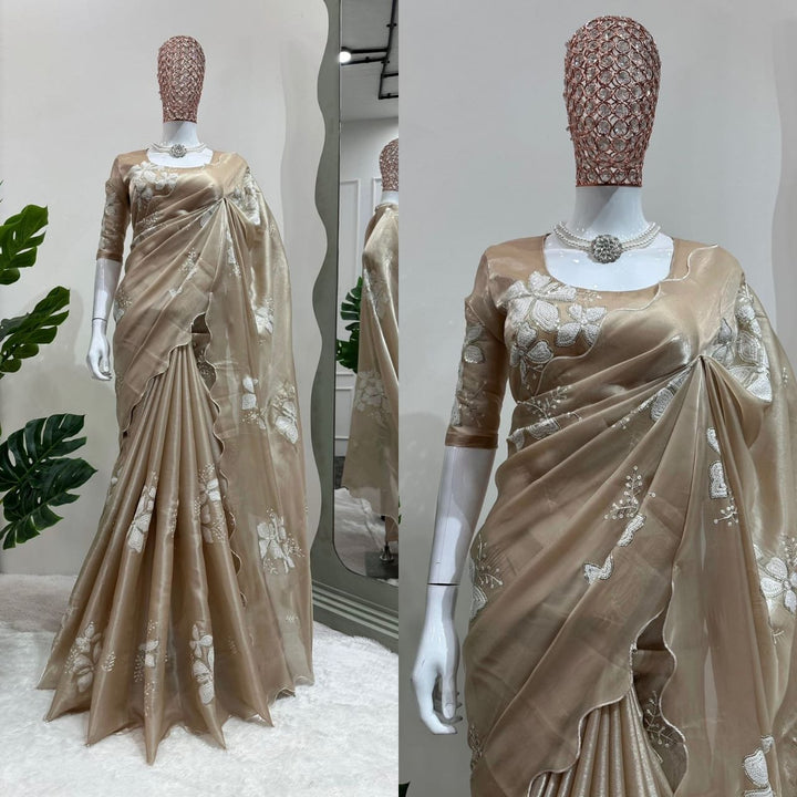 Light Brown Designer Saree on Jimmy chu Febric with Thred & Sequnce work. - PAHRAVA