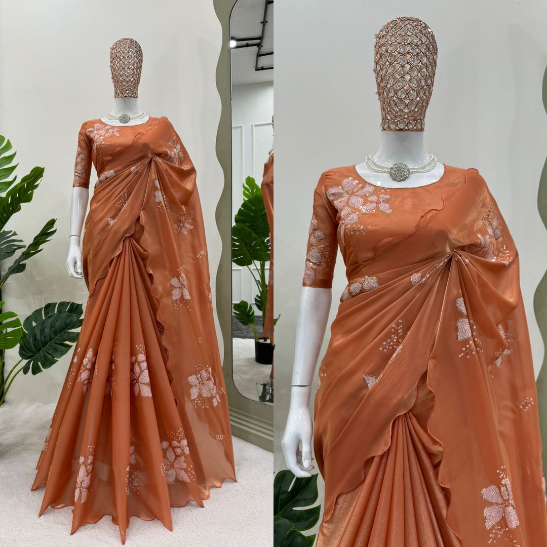 Ruddy Brown Designer Saree on Jimmy chu Febric with Thred & Sequnce work. - PAHRAVA