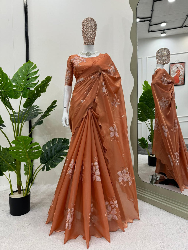 Ruddy Brown Designer Saree on Jimmy chu Febric with Thred & Sequnce work. - PAHRAVA