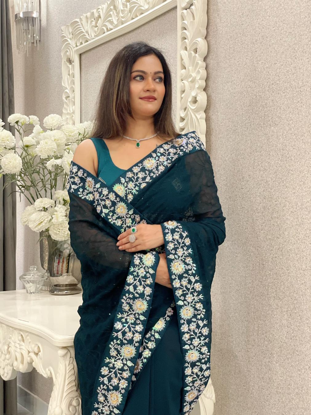 Bottle Green Designer Floral Embroidery Work Saree