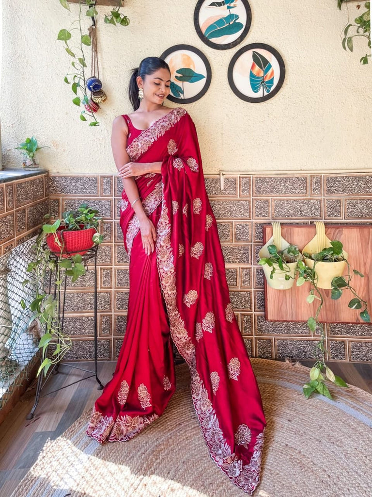 Traditional Red Blooming Vichitra silk Saree