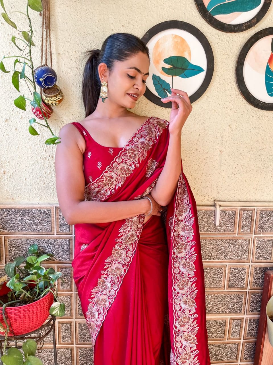 Traditional Red Blooming Vichitra silk Saree