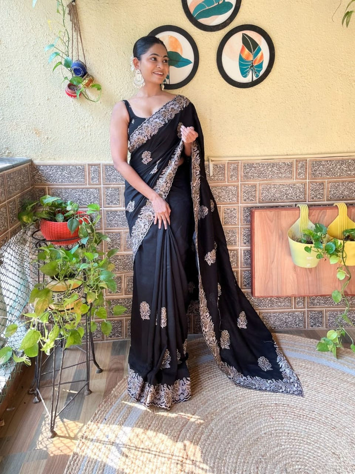 Jet Black Blooming Vichitra silk Saree