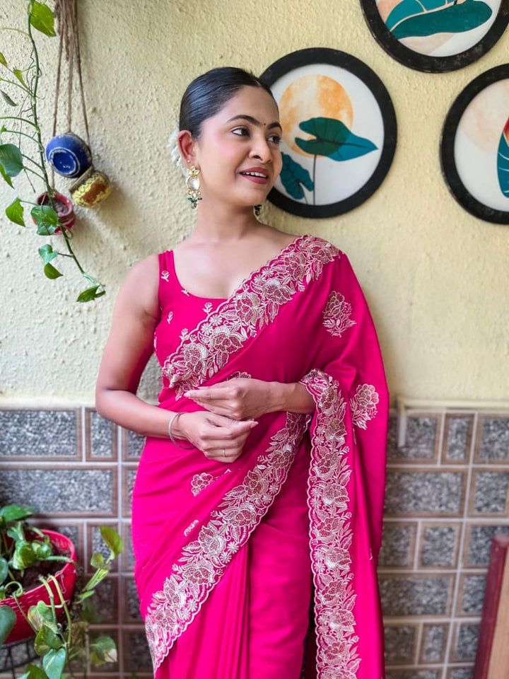 Warm Pink Blooming Vichitra silk Saree