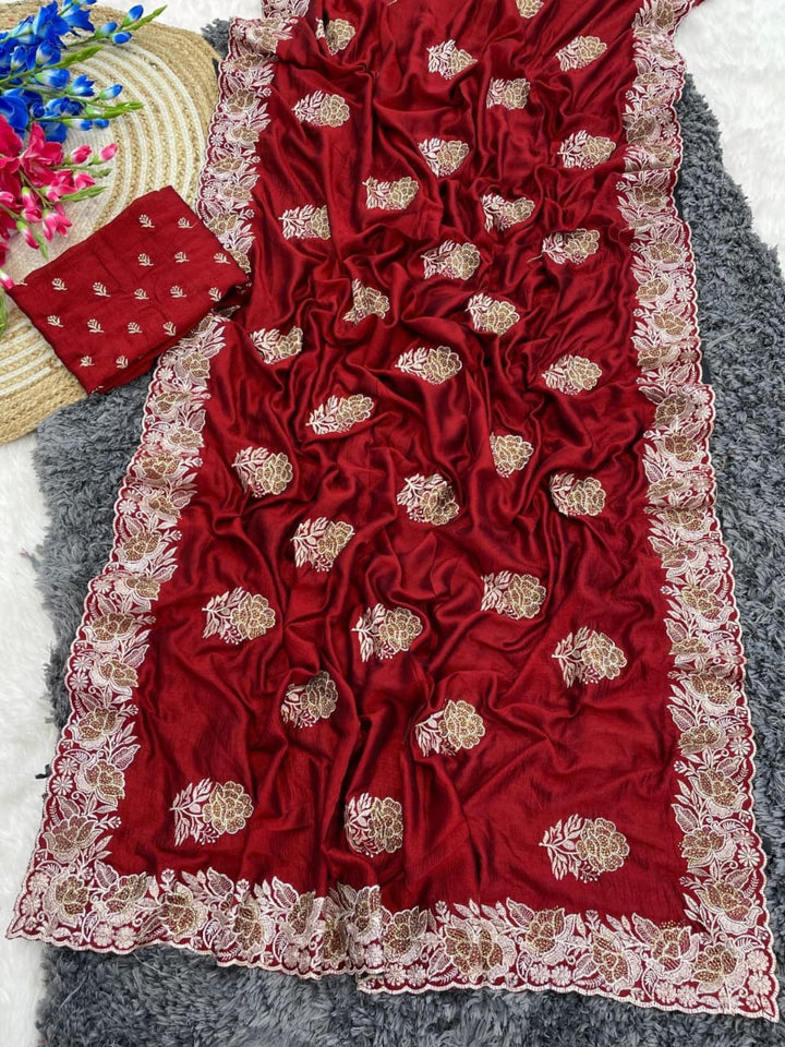 Traditional Red Blooming Vichitra silk Saree