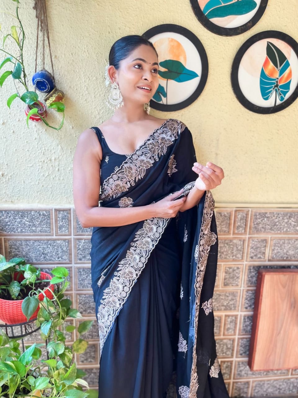 Jet Black Blooming Vichitra silk Saree