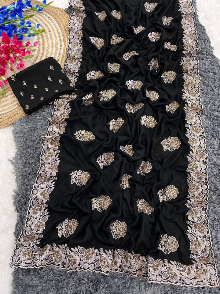 Jet Black Blooming Vichitra silk Saree