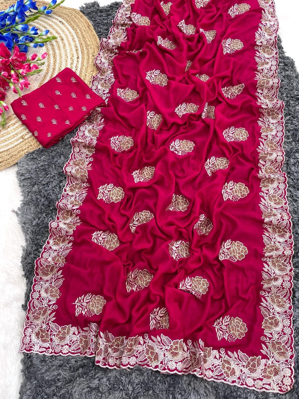 Warm Pink Blooming Vichitra silk Saree