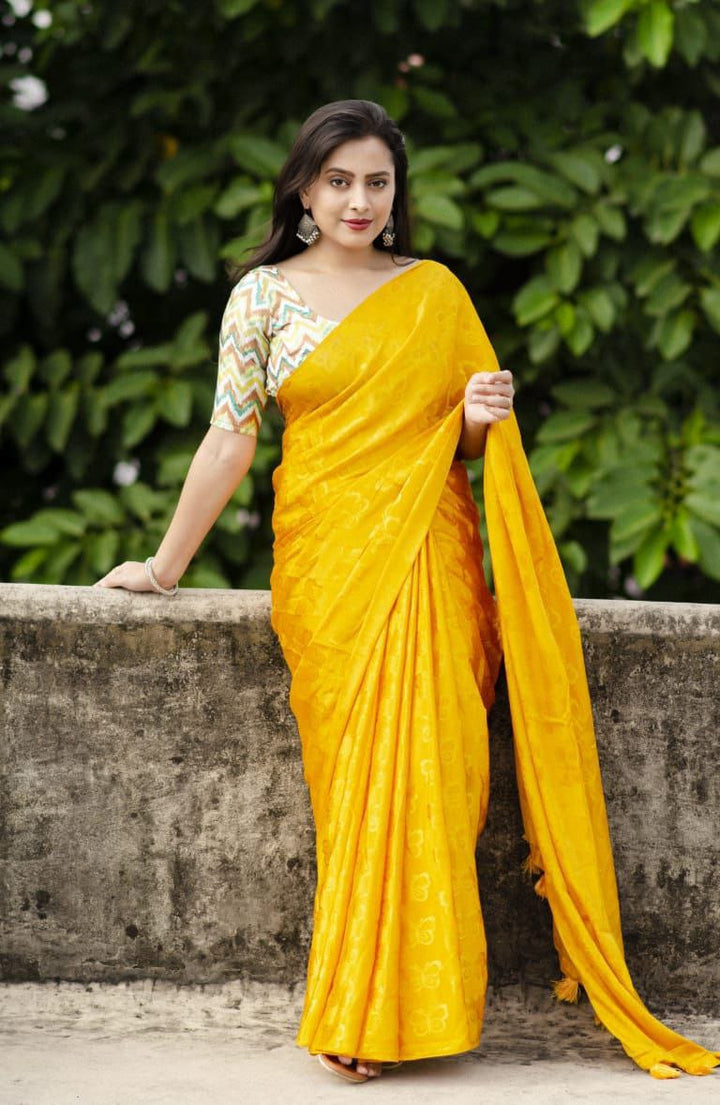 Mustard Yellow soft turkey silk saree with allover simple shine woven butterfly.