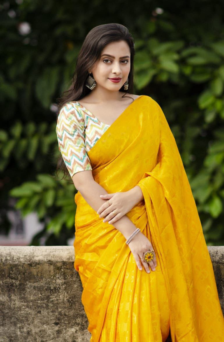 Mustard Yellow soft turkey silk saree with allover simple shine woven butterfly.