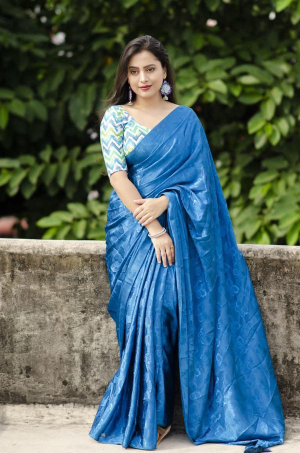 Prussian Blue soft turkey silk saree with allover simple shine woven butterfly.