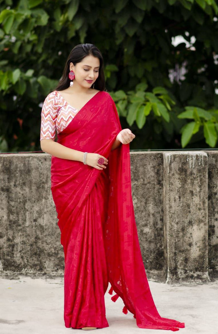 Traditional Red soft turkey silk saree with allover simple shine woven butterfly.