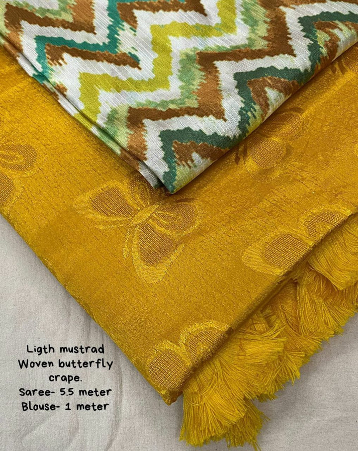 Mustard Yellow soft turkey silk saree with allover simple shine woven butterfly.