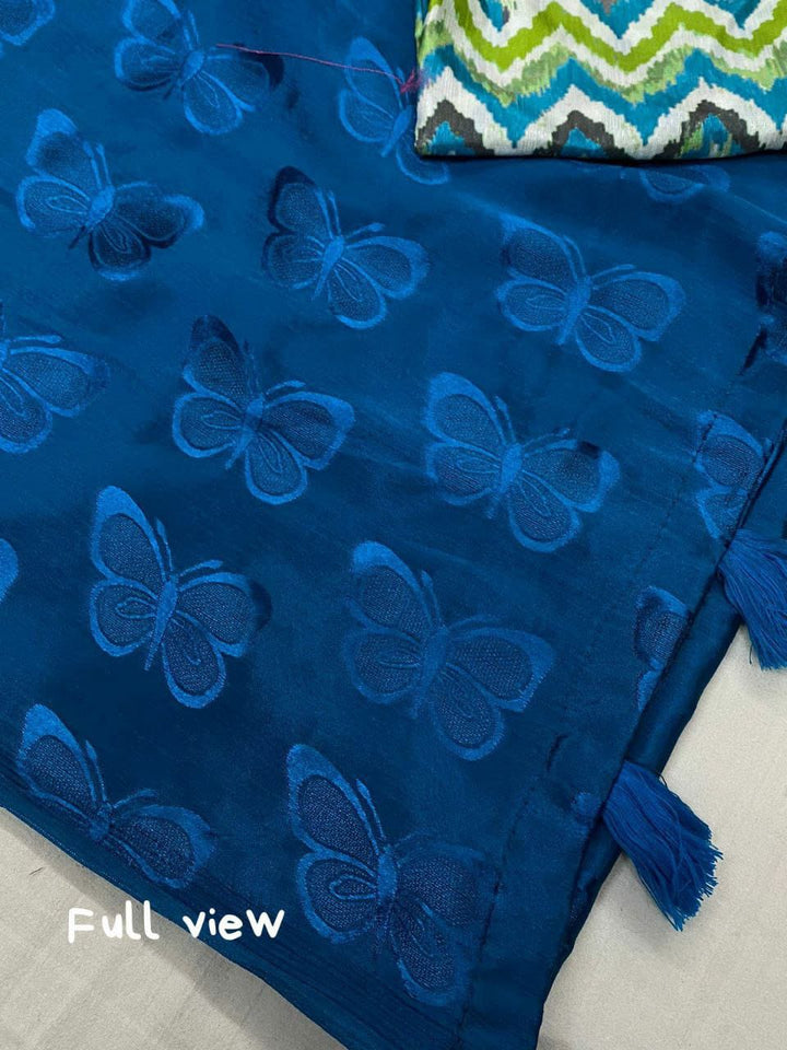 Prussian Blue soft turkey silk saree with allover simple shine woven butterfly.