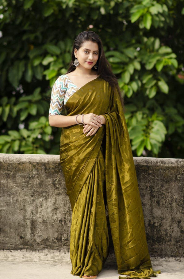 Mehendi Green soft turkey silk saree with allover simple shine woven butterfly.