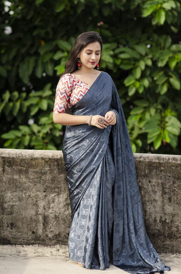 Stone Grey soft turkey silk saree with allover simple shine woven butterfly.